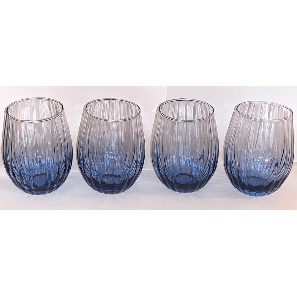 Blue Ribbed Stemless Wine Glasses (Set of 4) #1